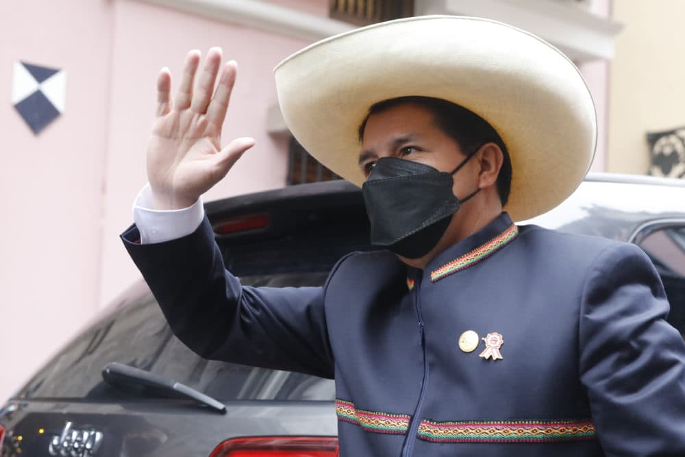 President-elect Pedro Castillo arrives to the Foreign Ministry before going to Congress for his swearing-in ceremony on his Inauguration Day in Lima, Peru, on July 28, 2021. (Guadalupe Pardo/AP)