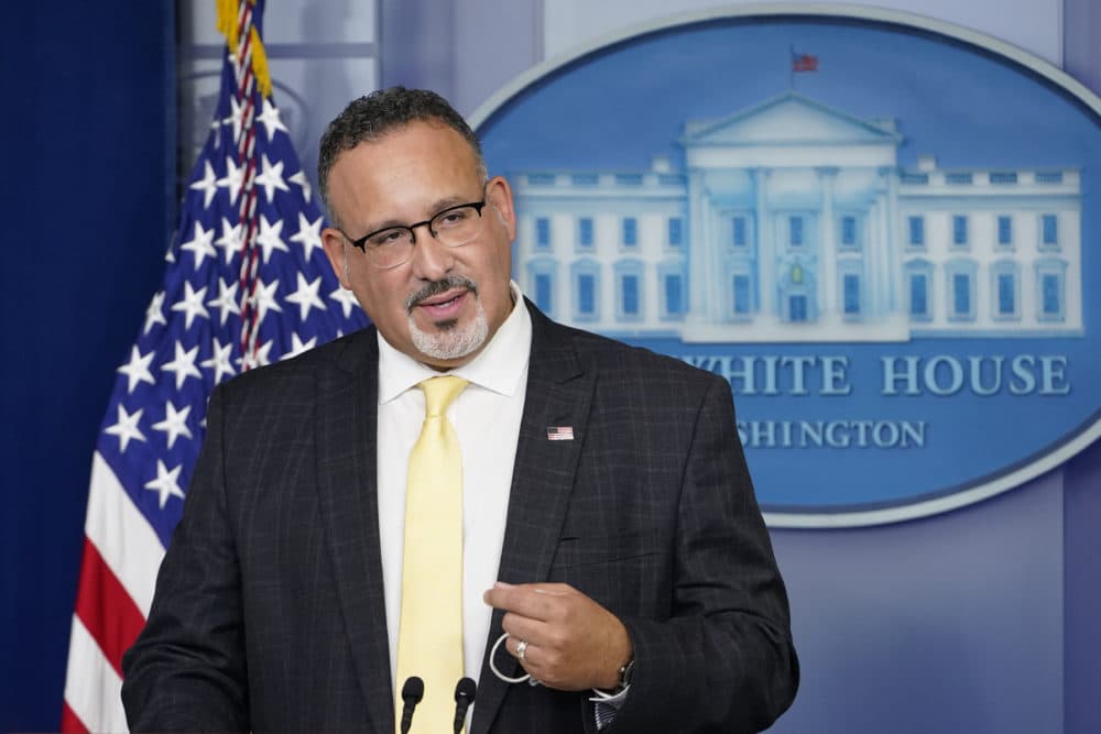 Education Secretary Miguel Cardona speaks during the daily briefing at the White House in Washington, Thursday, Aug. 5, 2021. (Susan Walsh/AP)