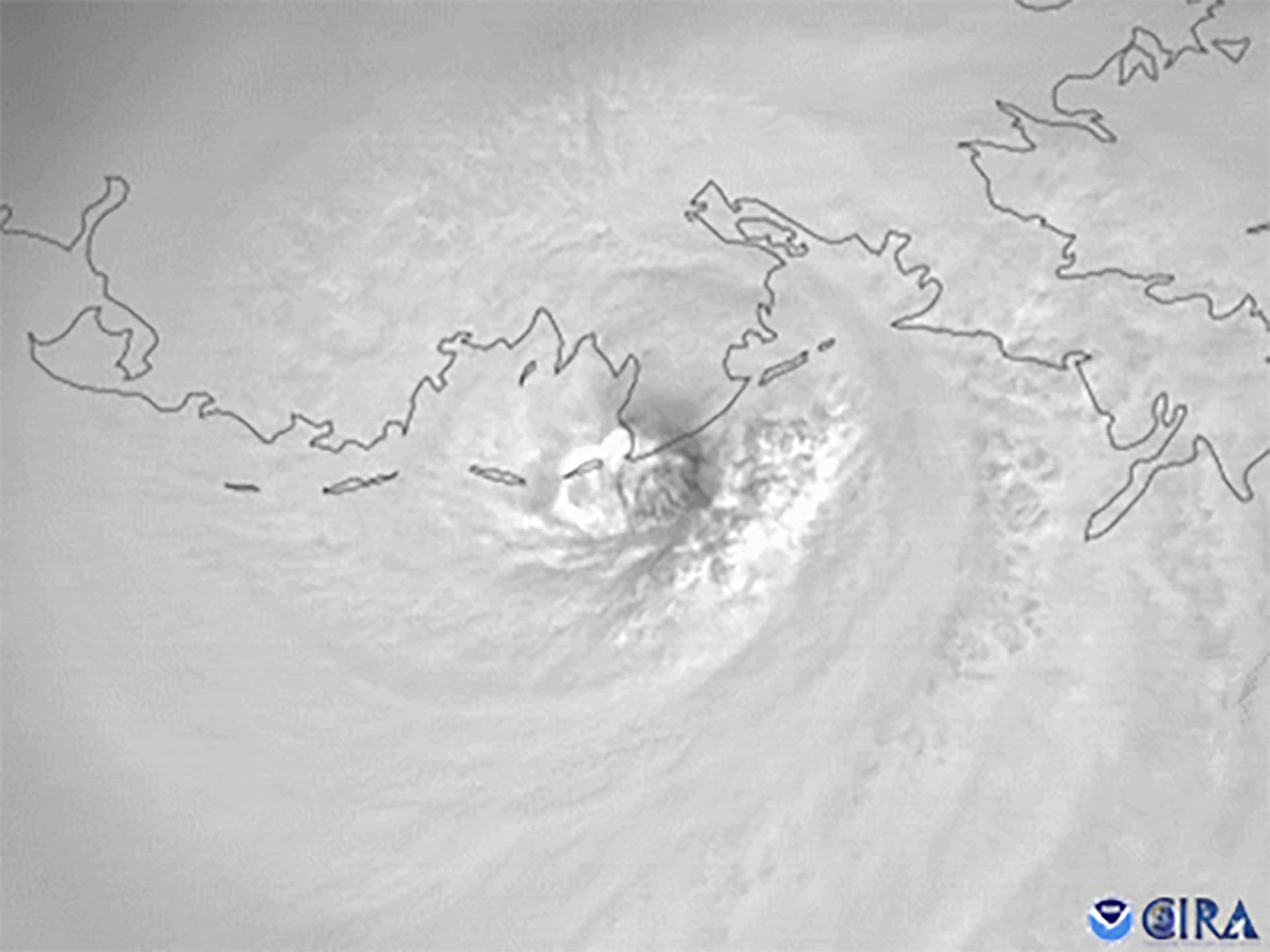 This satellite image provided by the National Oceanic and Atmospheric Administration and captured by NOAA's GOES-16 shows Hurricane Ida making landfall near Port Fourchon, La., Sunday, Aug. 29, 2021. (NOAA via AP)