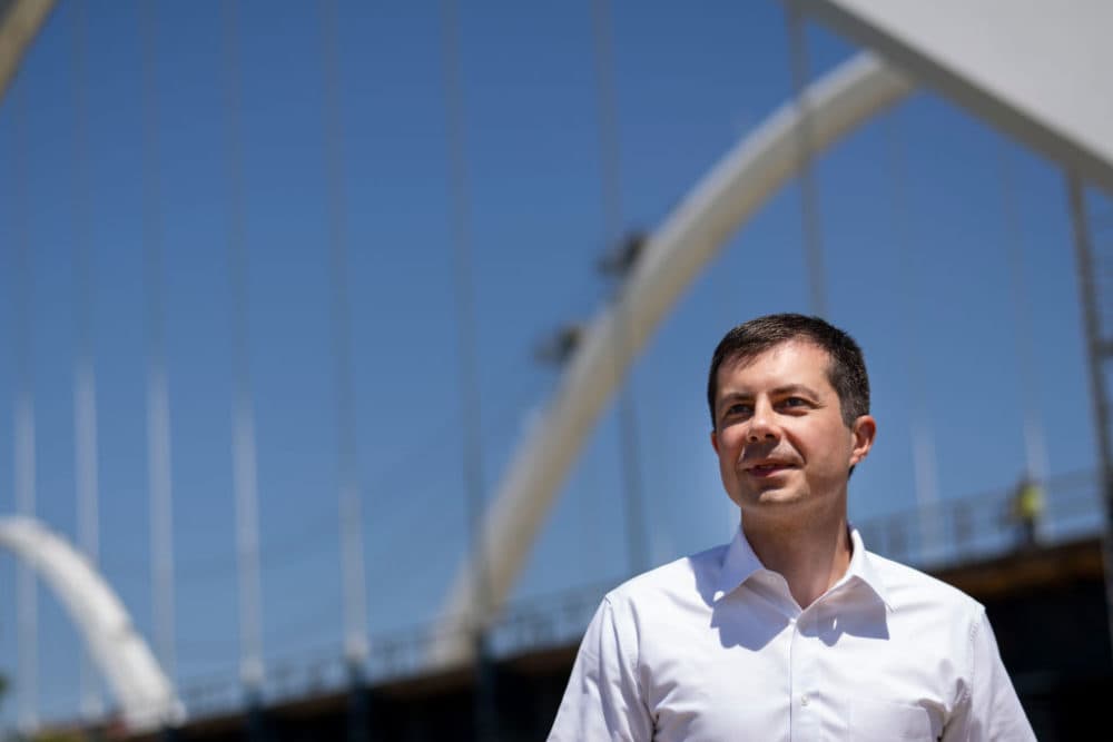 Transportation Secretary Pete Buttigieg arrives for a news conference after touring the construction site atop the new Frederick Douglass Memorial Bridge on May 19, 2021 in Washington, D.C. (Drew Angerer/Getty Images)