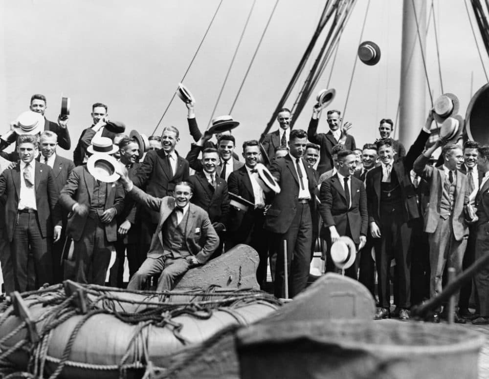 The U.S. Olympic team on the deck of the USS Princess Matoika en route to Antwerp, Belgium, for the 1920 Summer Olympics. Their voyage resulted in the so-called &quot;Mutiny of the Matoika,&quot; in which members of the team published a list of complaints about the vessel. (Paul Thompson/FPG/Archive Photos/Getty Images)