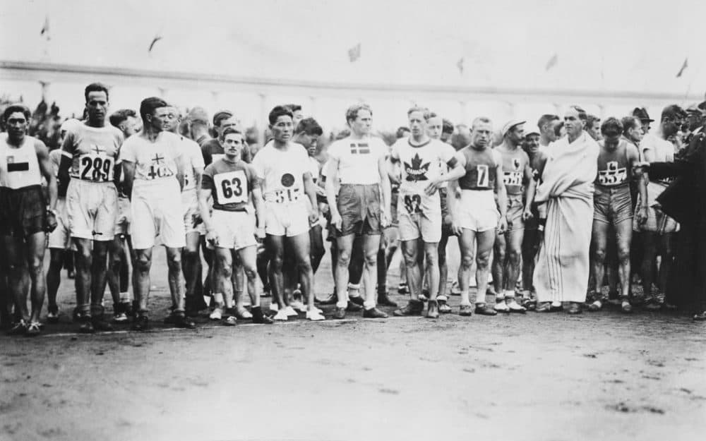 Athletes assemble for the start of the marathon at the 1920 Summer Olympics in Antwerp, Belgium, 1920. (FPG/Archive Photos/Getty Images)