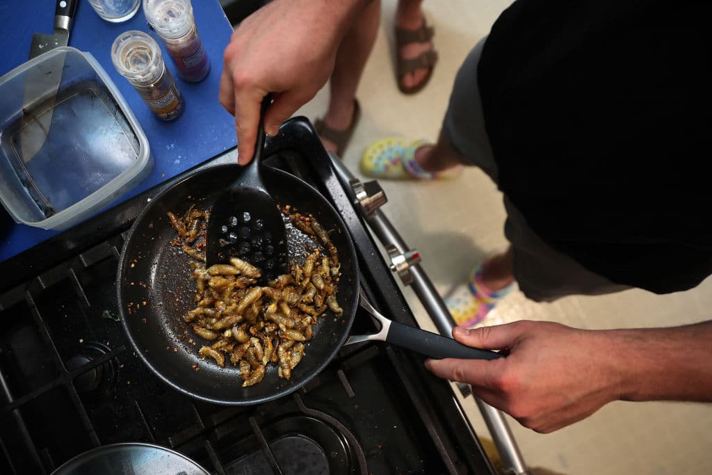 Mike Rothman frys periodical cicadas, harvested in their teneral stage, on June 04, 2021 in Hyattsville, Maryland. (Chip Somodevilla/Getty Images)