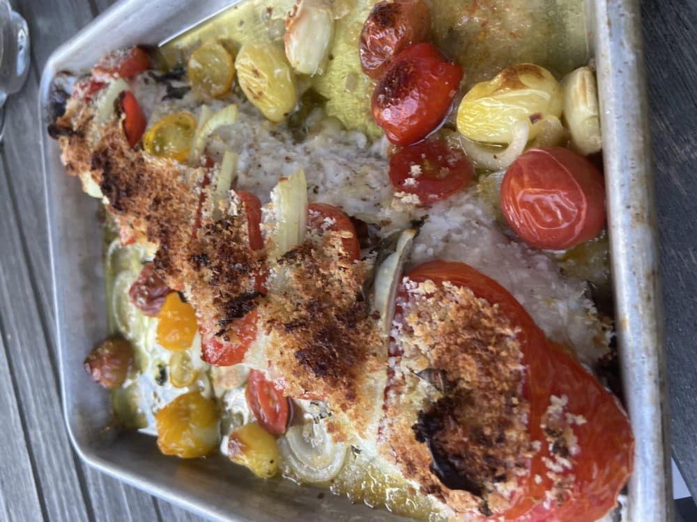 Roasted Bluefish With Tomatoes, Onions And Basil With A Lemon-Panko Topping (Kathy Gunst)