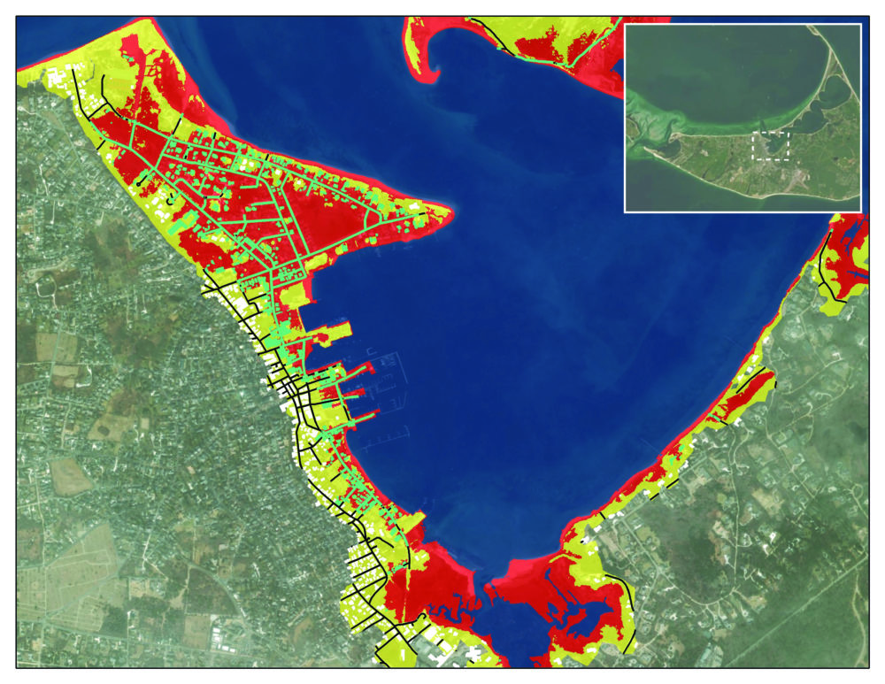 Projected storm and tidal flooding by 2015 in Nantucket Harbor. (Courtesy Trustees of Reservations)