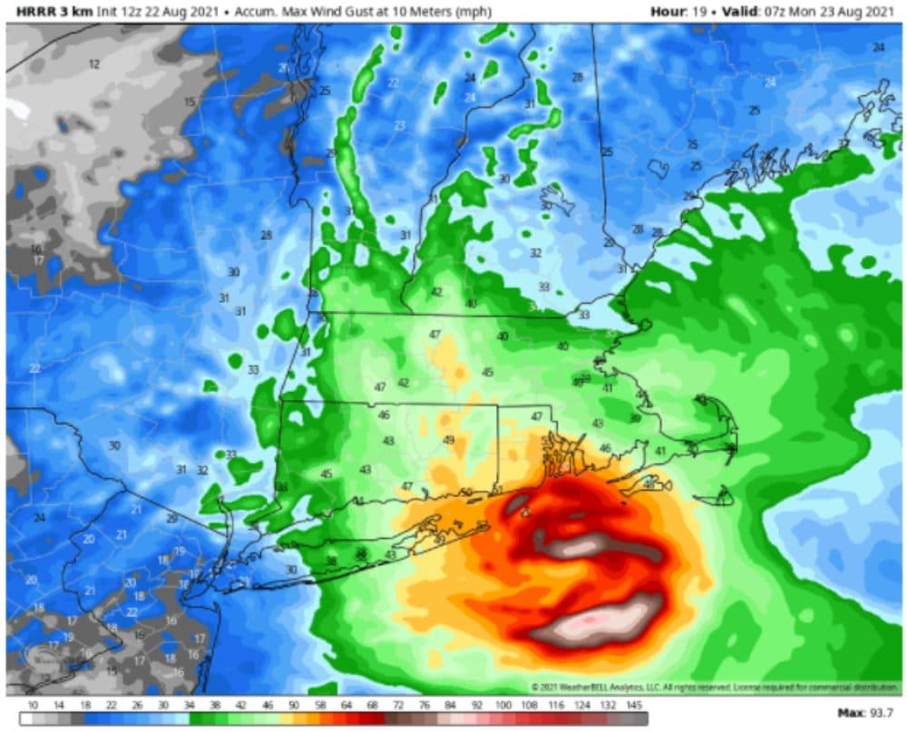 The heaviest wind gusts will move inland Sunday toward Vermont and New Hampshire. (Courtesy WeatherBELL)