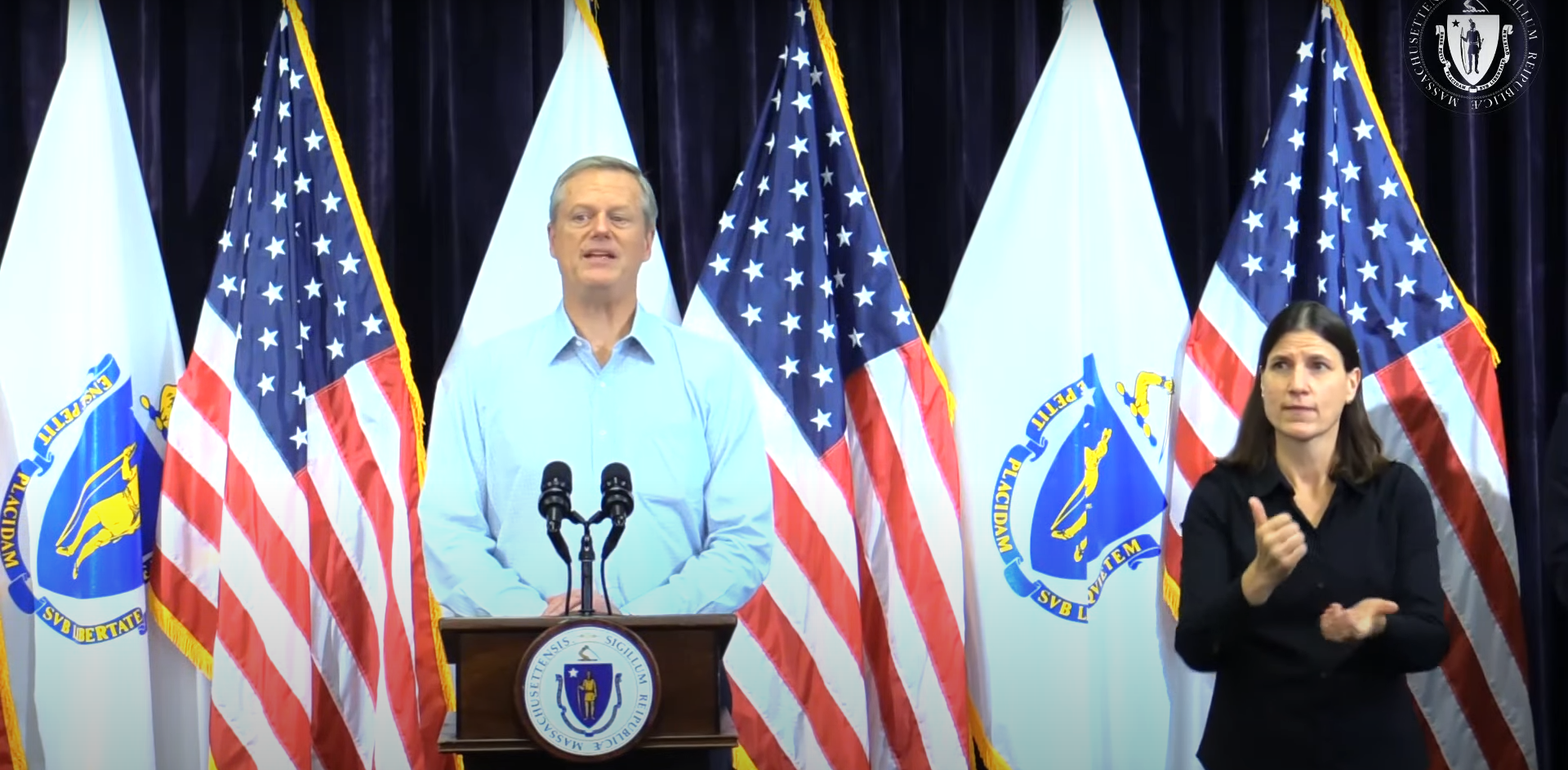Gov. Charlie Baker provides an update on Hurricane Henri Saturday afternoon. (Screenshot via livestream)