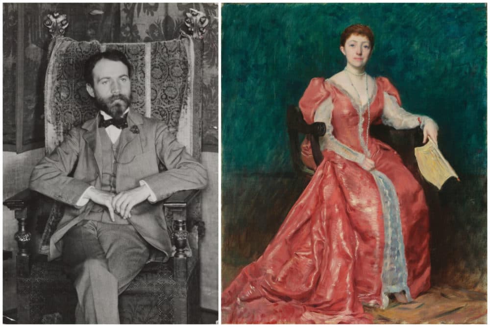 Art dealer Bernard Berenson photographed in 1898, and a portrait of Isabella Stewart Gardner painted by Dennis Miller Bunker in 1889. (Courtesy Houghton Library, Harvard University; Isabella Stewart Gardner Museum)