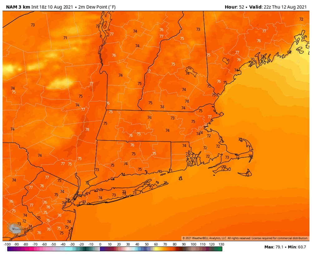 Dew points will be in the mid to upper 70s during this heat wave. (WeatherBELL)