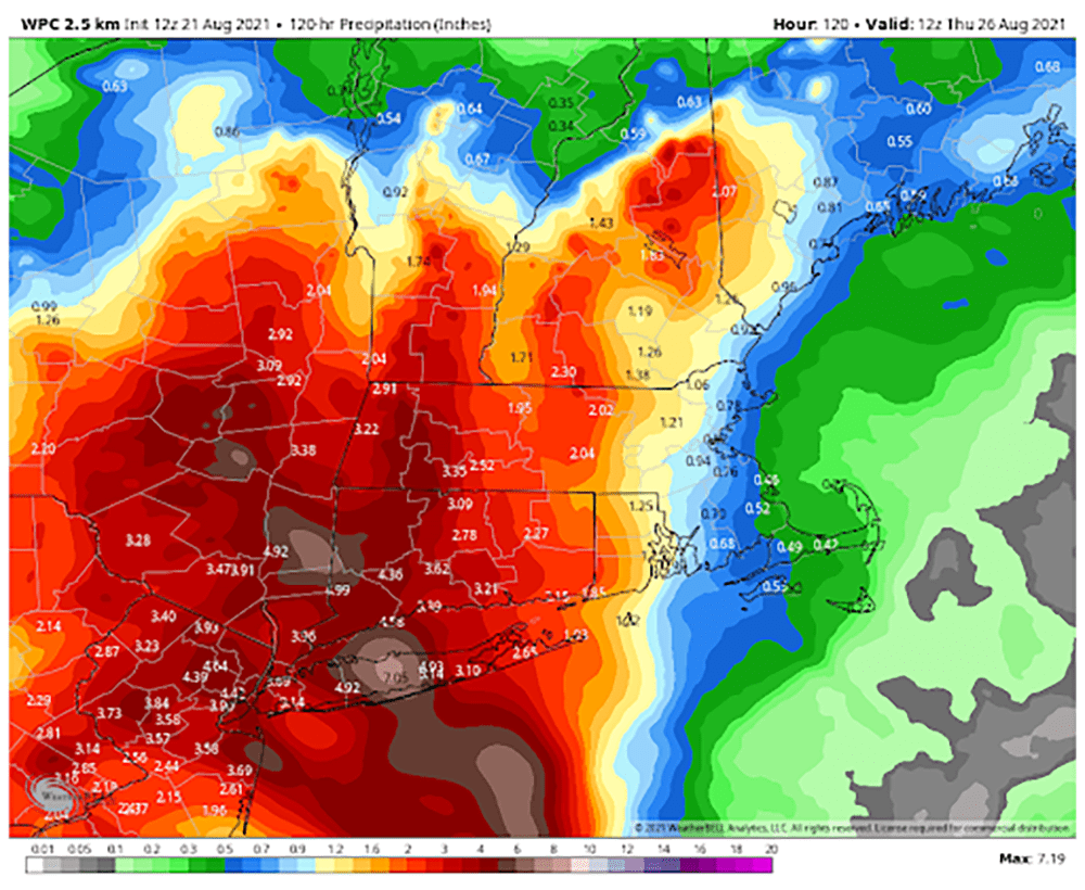 Rainfall through Tuesday will be heaviest west of the coastline. (WeatherBELL)