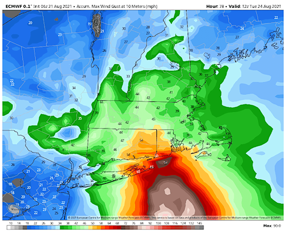 Winds will be strongest to the east of the storm center as it makes Landfall. (WeatherBELL)