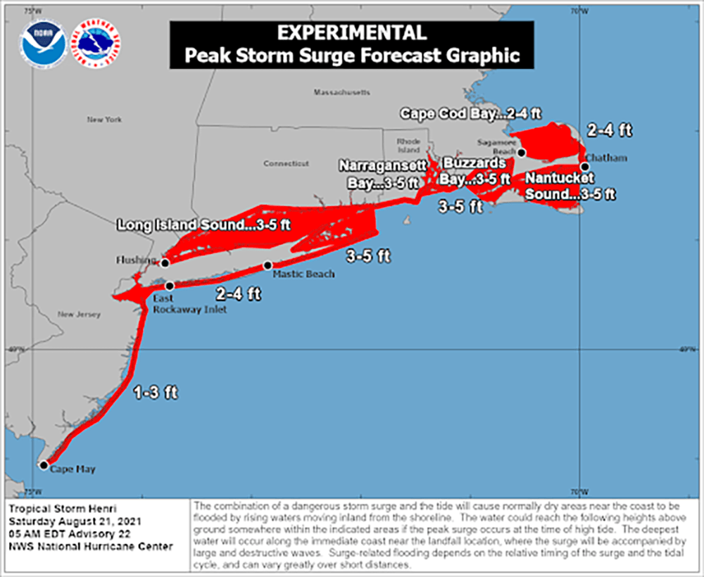 A moderate storm surge is likely with Henri later Sunday. (NOAA)