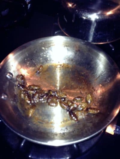 The author sautéed silkworms in olive oil for a dinner party. (Courtesy Kathleen Burge)