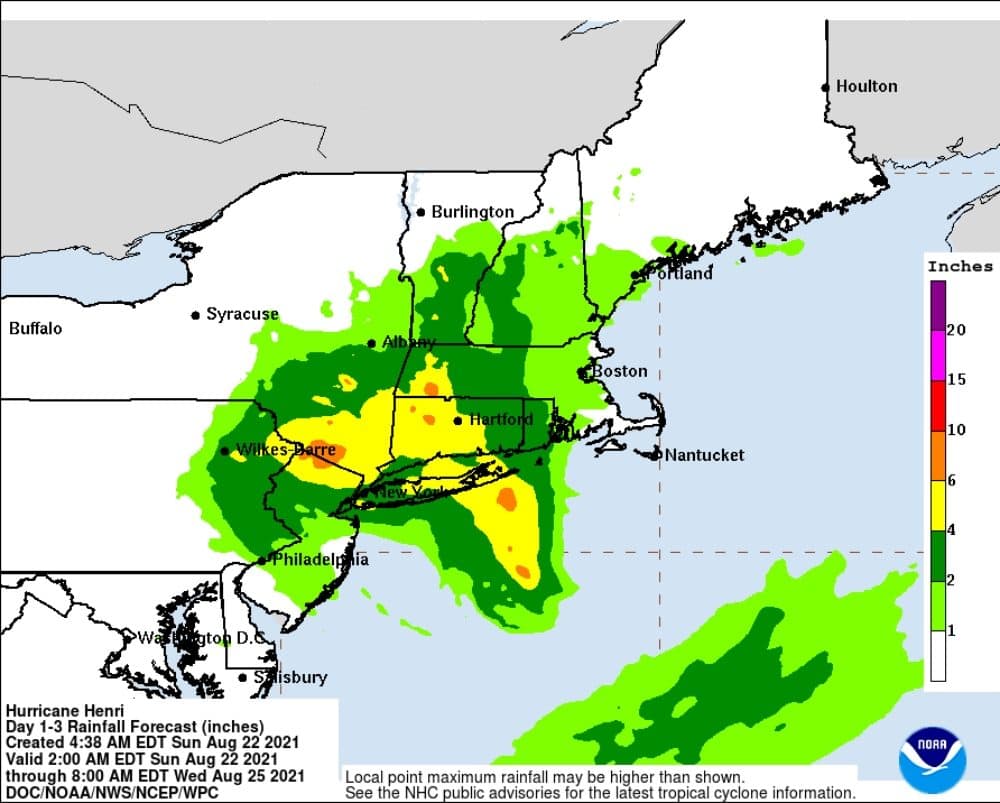 Potential rainfall from Tropical Storm Henri. (Courtesy NOAA)