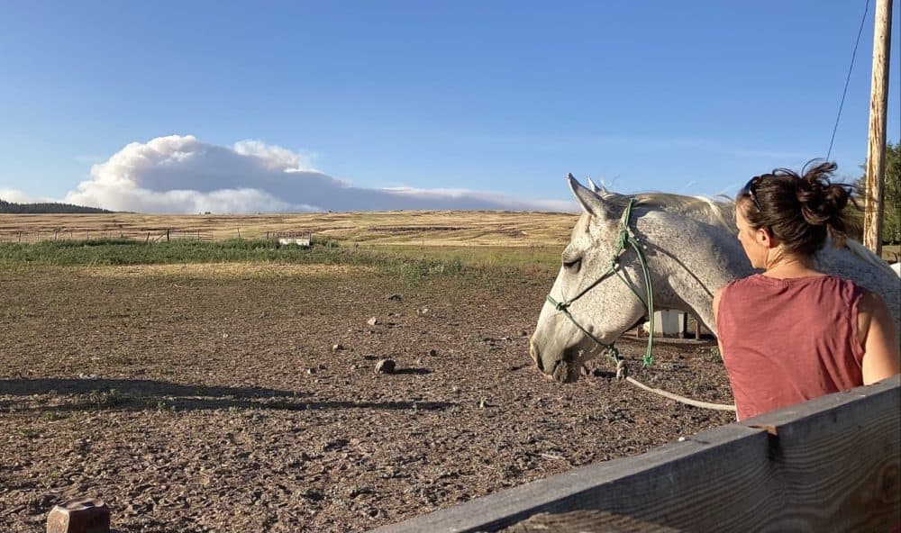 Cory Carman at her ranch in Wallowa, Oregon. The Elbow Creek fire burns in the distance, putting Carman’s cows in danger. (Photo by Ashley Ahearn)