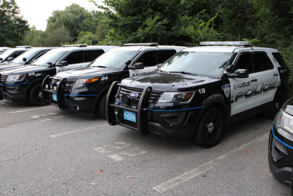 Police cruisers in Saugus. Stephanie Gerardi, 38, was shot and killed by a Saugus police officer after her family called police for help. (Todd Wallack/WBUR)