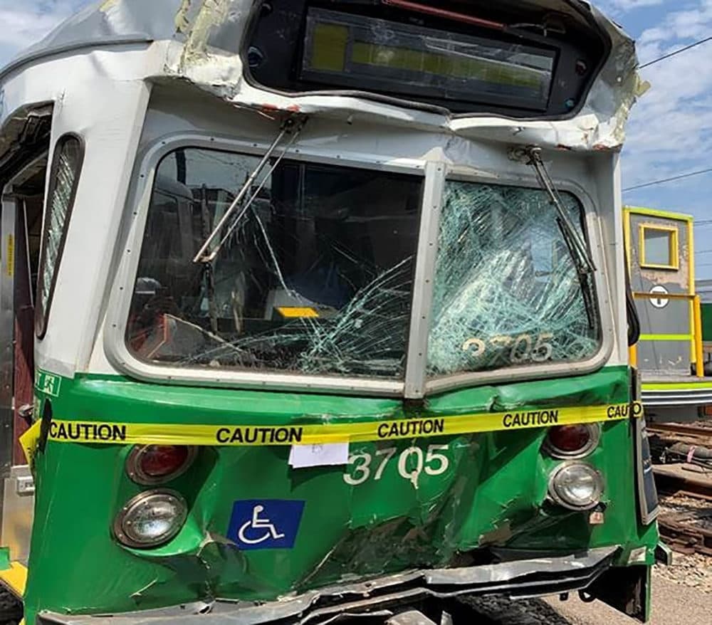 This Green Line car is significantly damaged after striking another trolley along Commonwealth Avenue in Boston. (Courtesy NTSB)