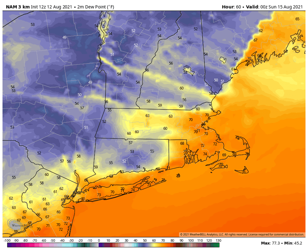 Lower dew points in the 50s arrive Saturday night on a northwest flow of air. (Courtesy WeatherBELL)