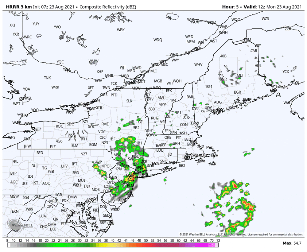 The remnants of Henri will move over southern New England today. (Courtesy WeatherBell)