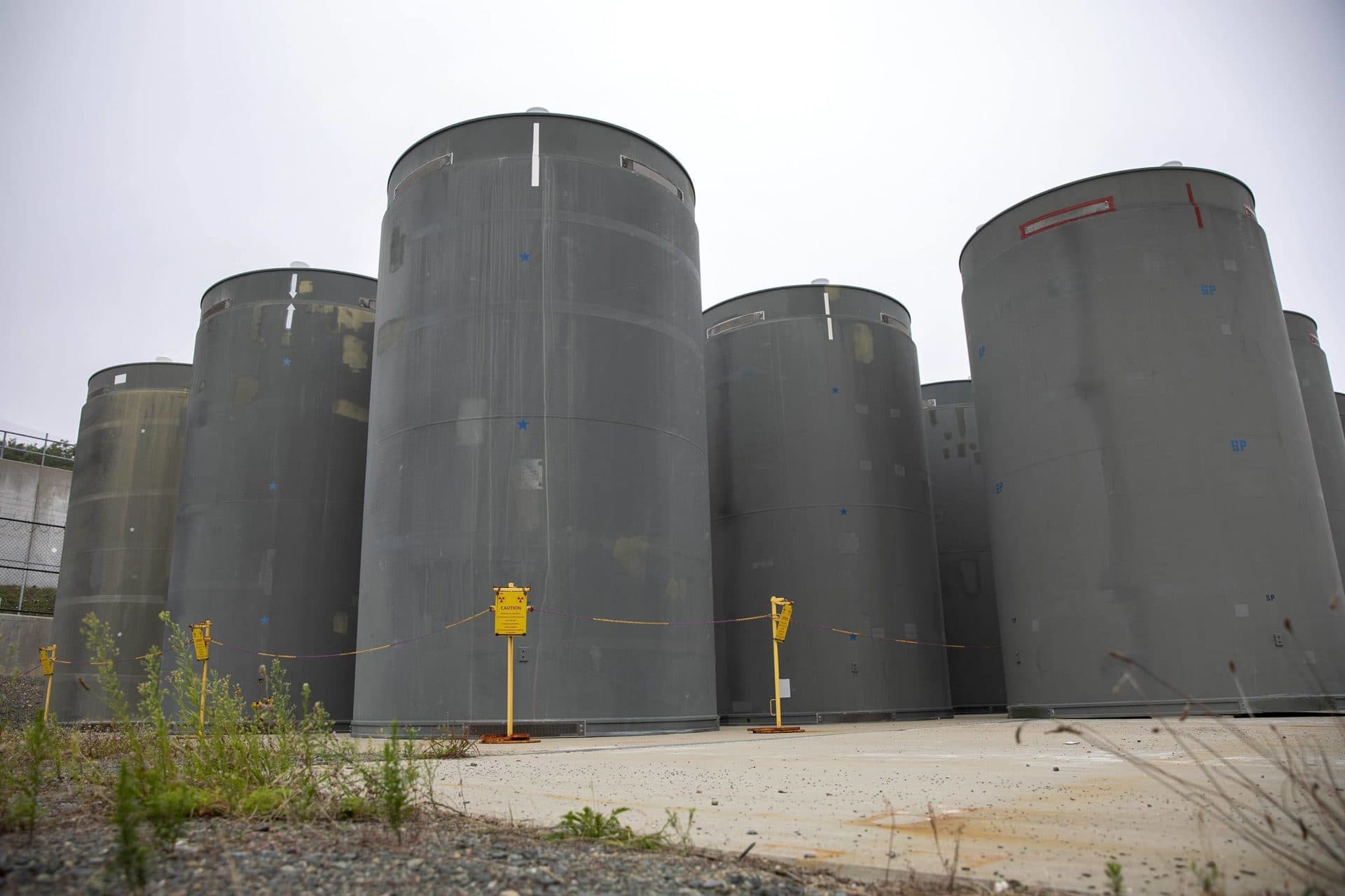 Casks containing spent fuel stand on a concrete pad near the reactor building at Pilgrim Power Station. (Robin Lubbock/WBUR)