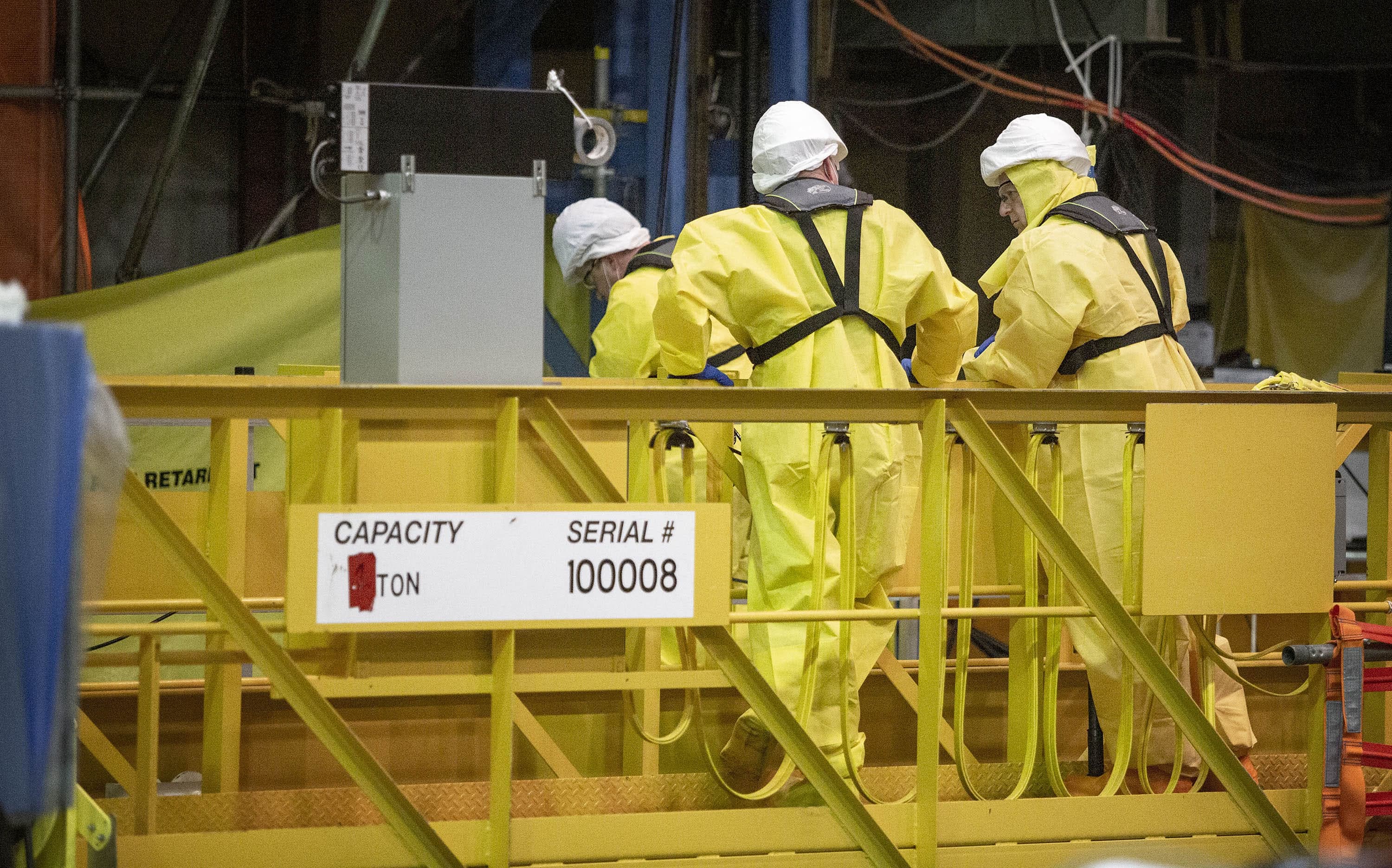 A decommissioning crew works on dismantling the plant at Pilgrim Nuclear Power Station. (Robin Lubbock/WBUR)
