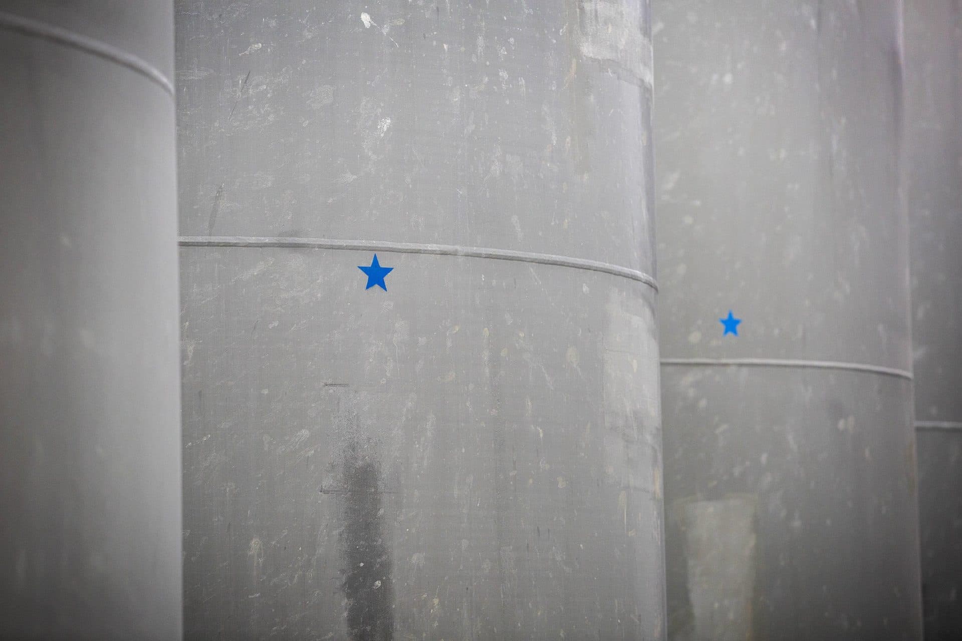 The blue stars on spent fuel casks at Pilgrim nuclear power station mark radiological survey points. (Robin Lubbock/WBUR)
