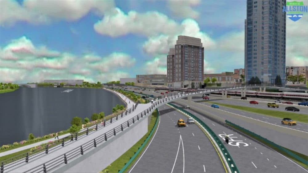 A rendering shows how MassDOT's preferred design for the Allston Multimodal Project would transform the east-facing view along Soldiers Field Road. (Courtesy MassDOT via SHNS)