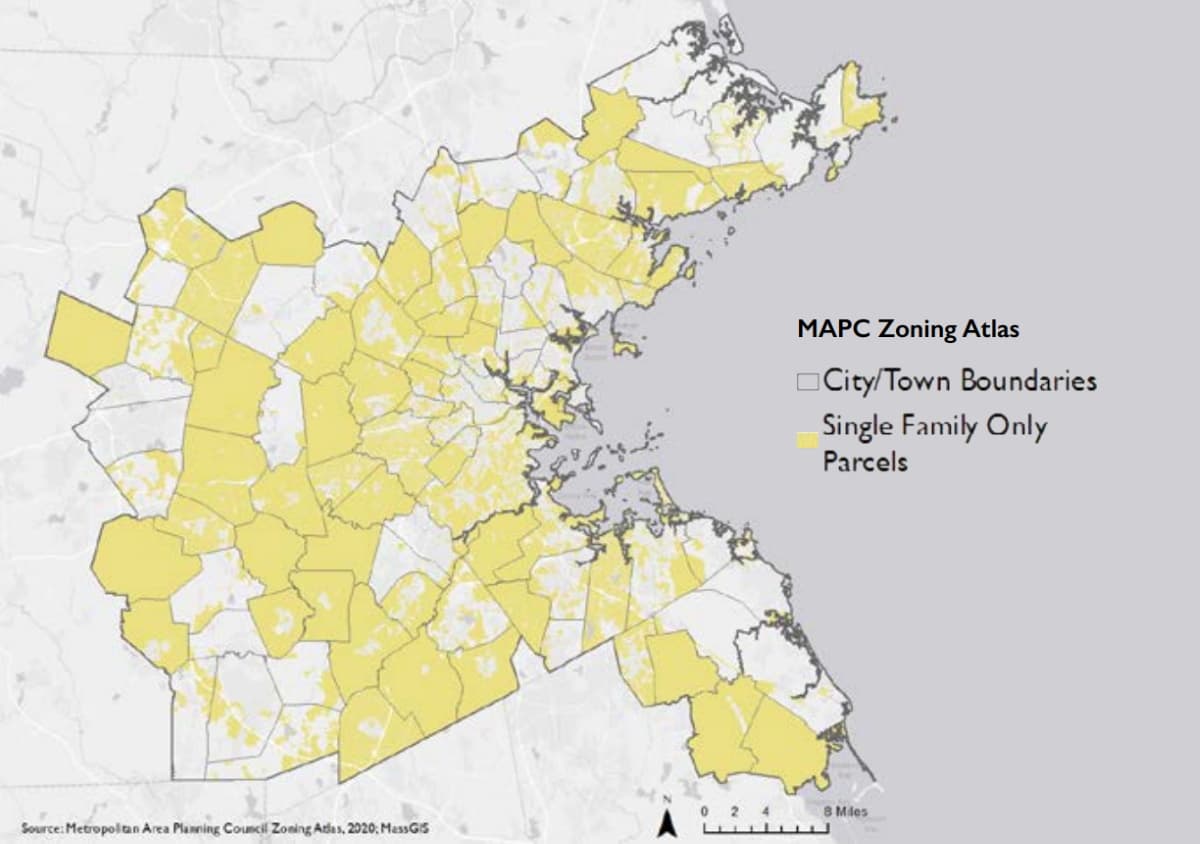 Large swaths of the greater Boston area remain zoned for single-family residences only, a trend that researchers say in a new report leaves the concept of "15-minute neighborhoods" out of reach for many Massachusetts residents. (Courtesy Boston Indicators)