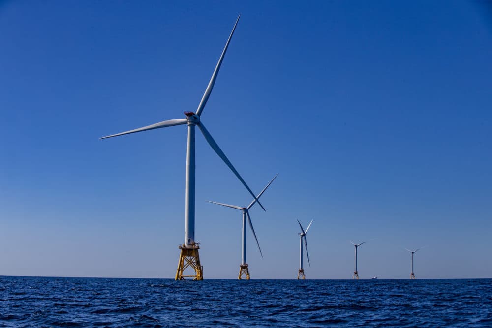 The five turbines of the Block Island Wind Farm off the coast of Rhode Island. (Jesse Costa/WBUR)