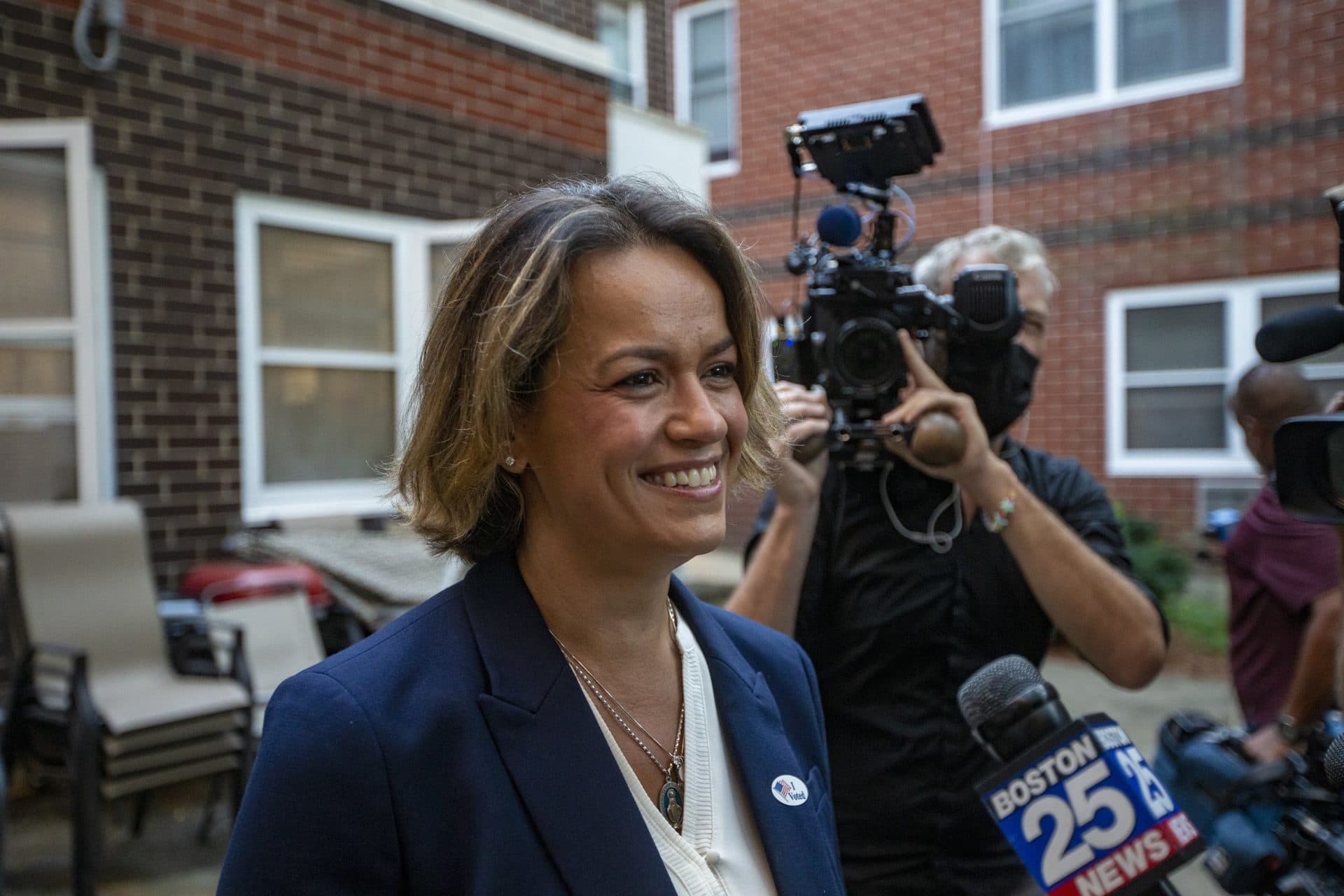 Annissa Essaibi George speaks to the news media outside of the Bellflower Apartments where she voted earlier Tuesday morning. (Jesse Costa/WBUR)