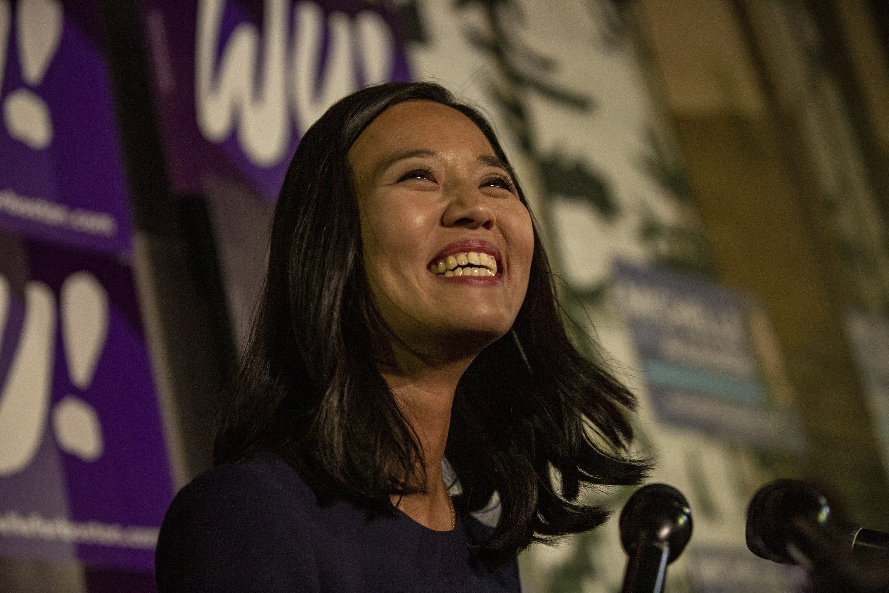 Mayoral candidate Michelle Wu speaks to supporters at Distraction Brewing Company in Roslindale on election night. (Jesse Costa/WBUR)