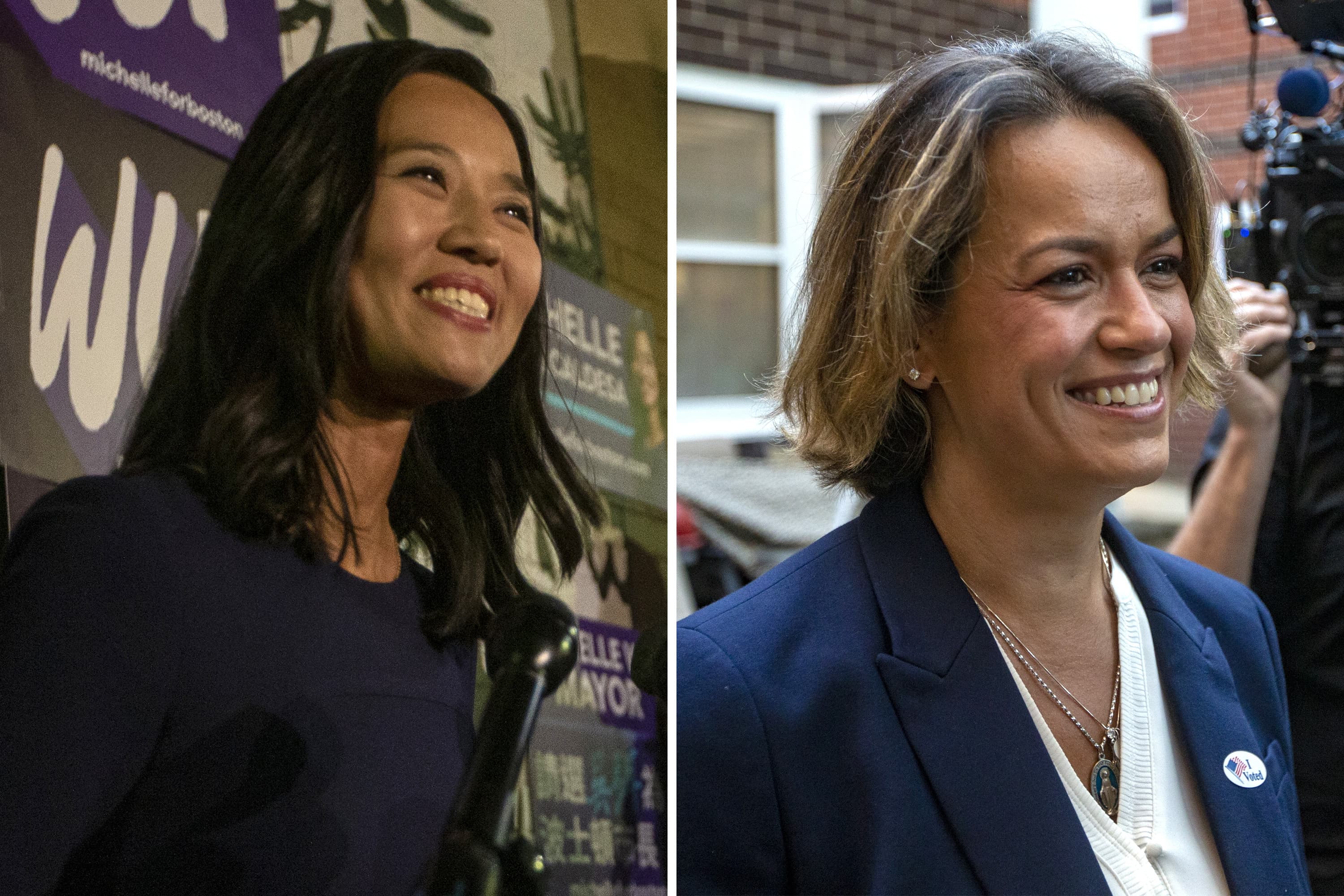 Boston City Councilors Michelle Wu, left, and Annissa Essaibi George, right, on the day of Boston's preliminary election. (Jesse Costa/WBUR)