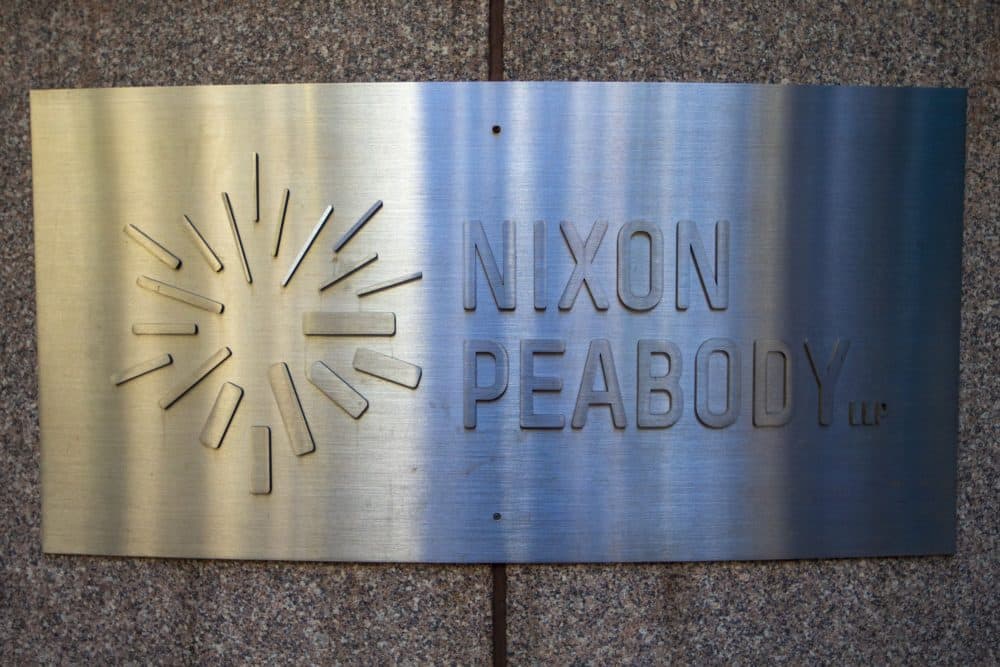 The Nixon Peabody sign in front of its Boston office. (Jesse Costa/WBUR)