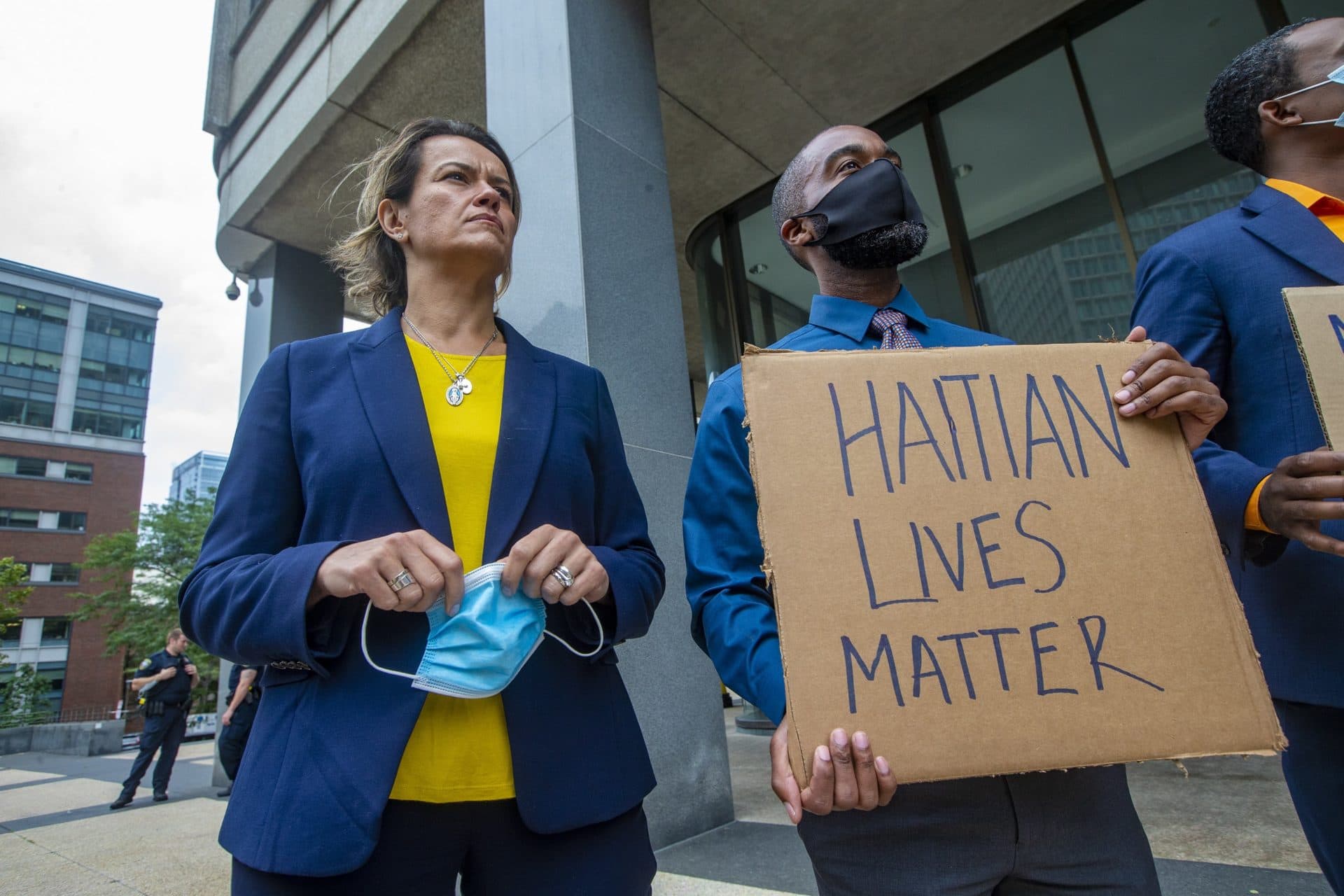 Boston City Councilor and mayoral candidate Annissa Essaibi George attended the Solidarity with Haiti demonstration at John F. Kennedy Federal Building in Downtown Boston. (Jesse Costa/WBUR)