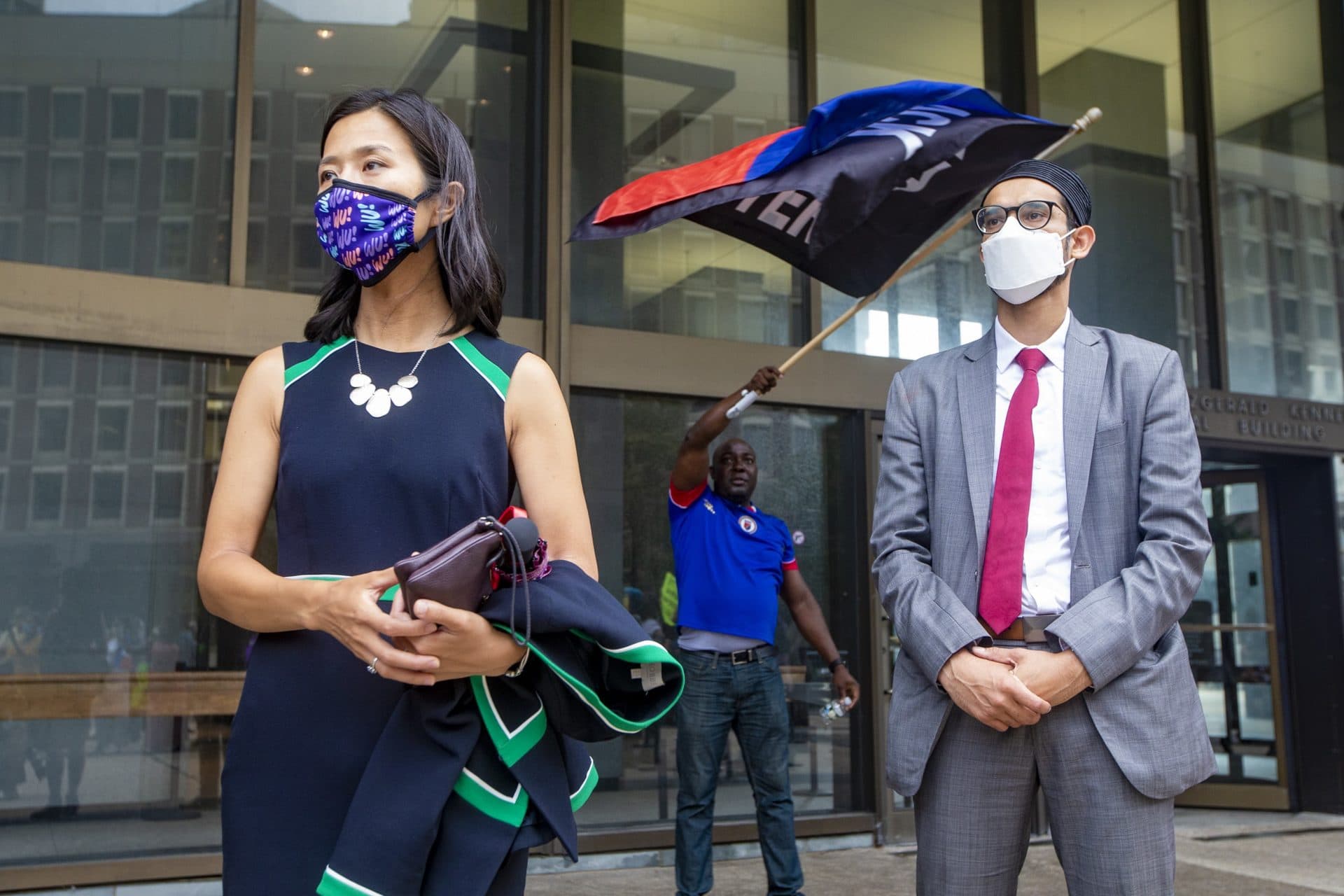 Boston City Councilor and mayoral candidate Michelle Wu attended the Solidarity with Haiti demonstration at John F. Kennedy Federal Building in Downtown Boston. (Jesse Costa/WBUR)