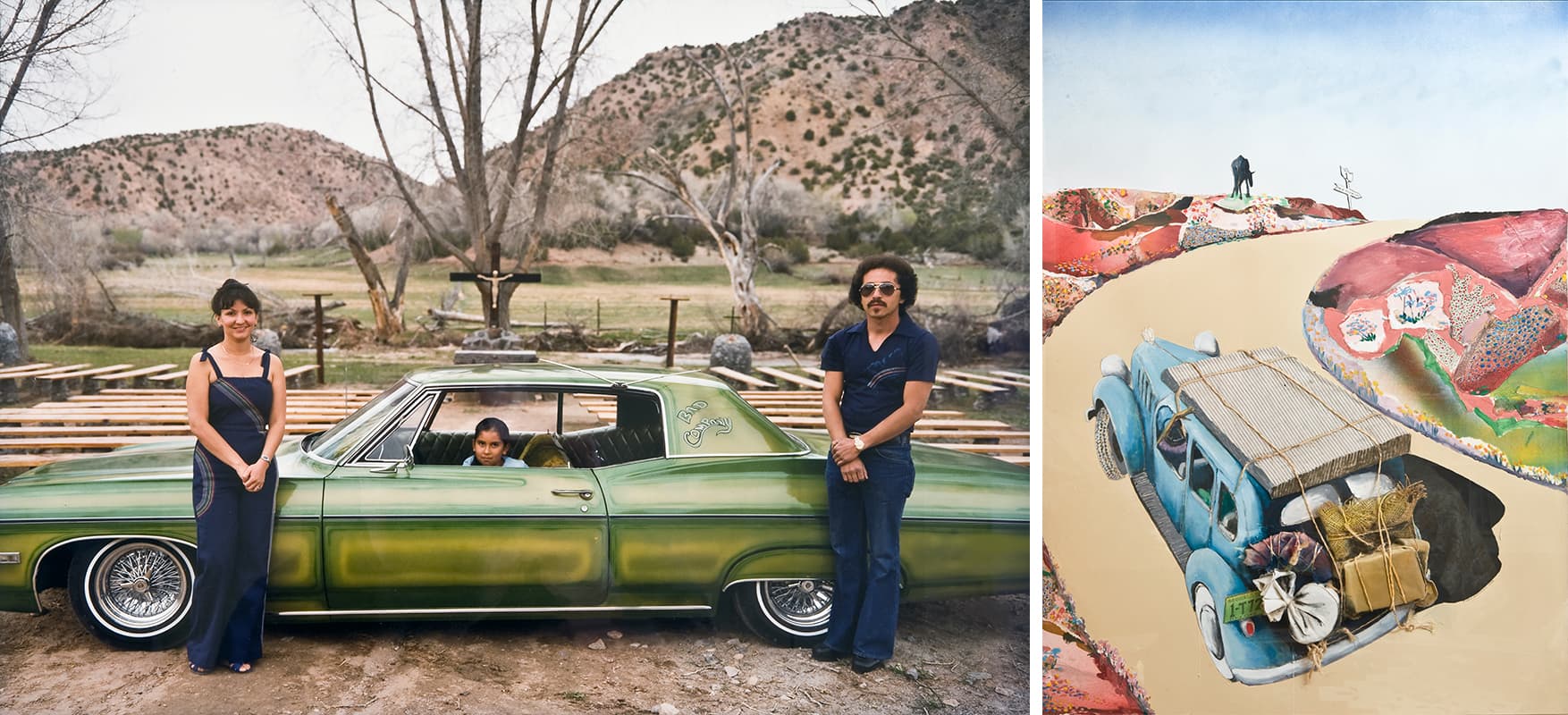 Left to right: Meridel Rubenstein, &quot;Paul, Annabelle, &amp; Paul Medina, Chimayo 68 Chevy Impala.&quot; Benny Andrews, &quot;Northbound,&quot; 1996. (Courtesy of Terry and Eva Herndon/Fitchburg Art Museum)
