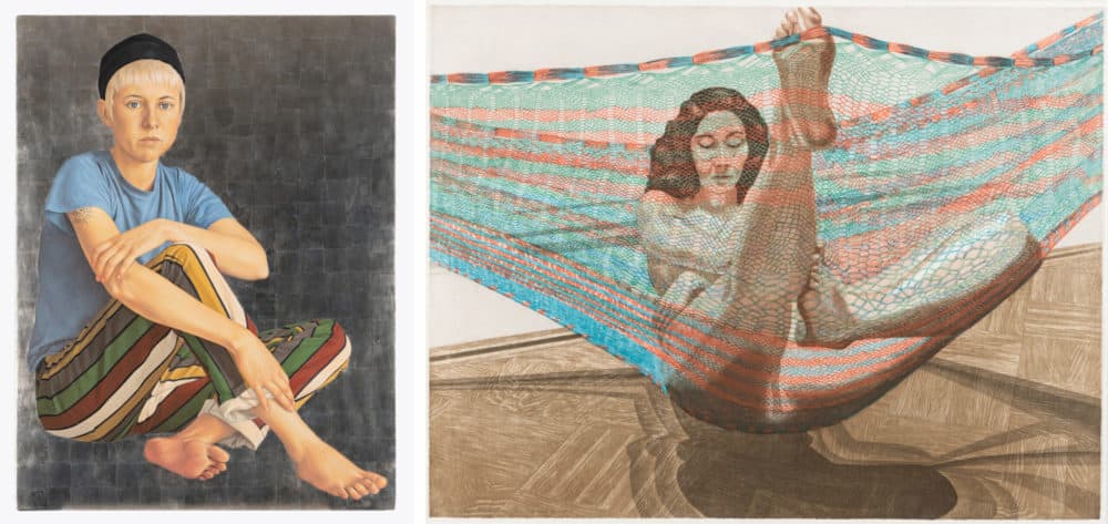 Left to right: Suzanne Vincent, &quot;Striped Pants, 1997. Philip Pearlstein, &quot;Nude in a Hammock, 1982. (Courtesy Charles Sternaimolo/Fitchburg Art Museum)
