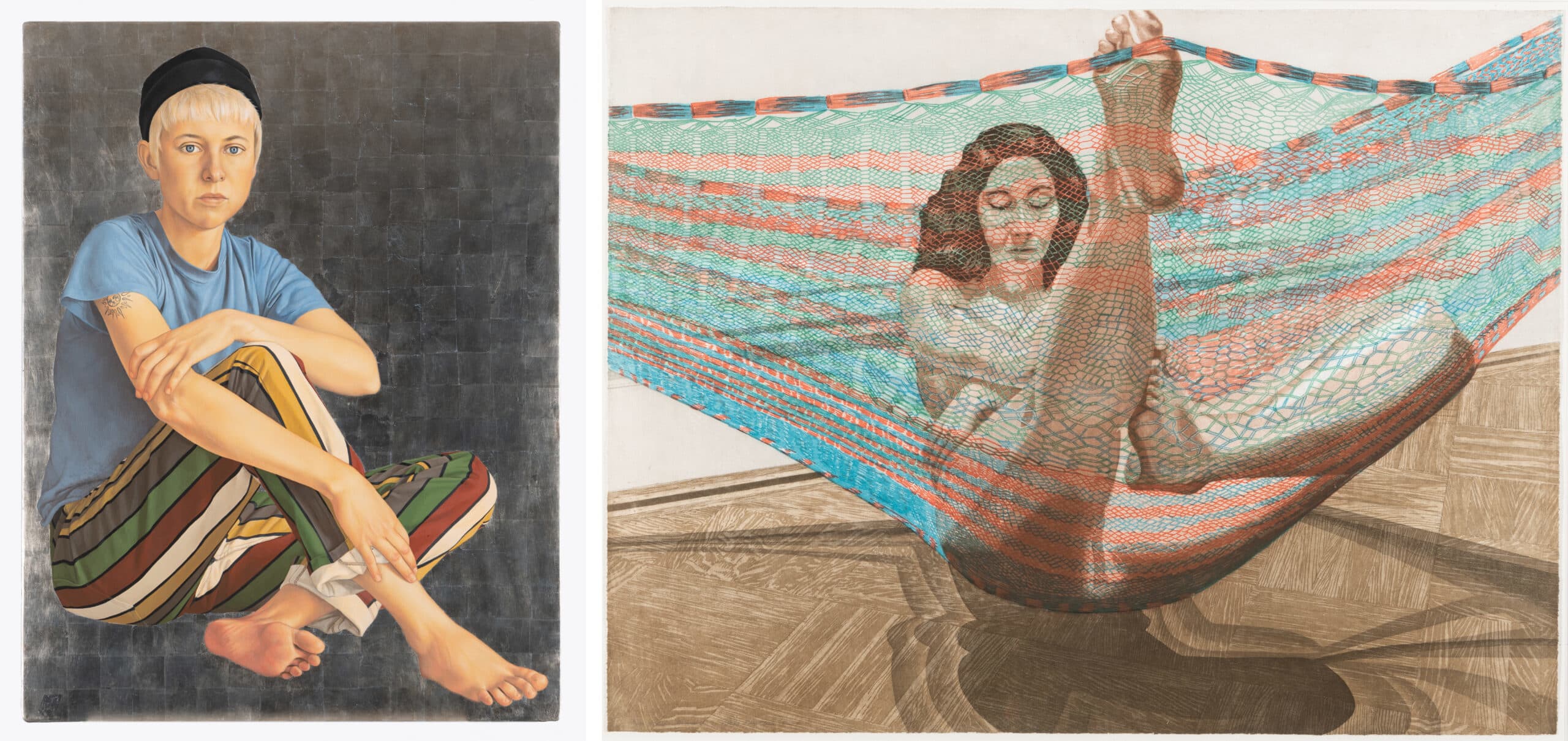 Left to right: Suzanne Vincent, "Striped Pants, 1997. Philip Pearlstein, "Nude in a Hammock, 1982. (Courtesy Charles Sternaimolo/Fitchburg Art Museum)
