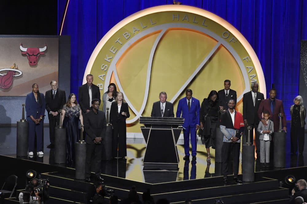 The class of 2021 Basketball Hall of Fame stands together on stage Saturday. (Jessica Hill/AP)