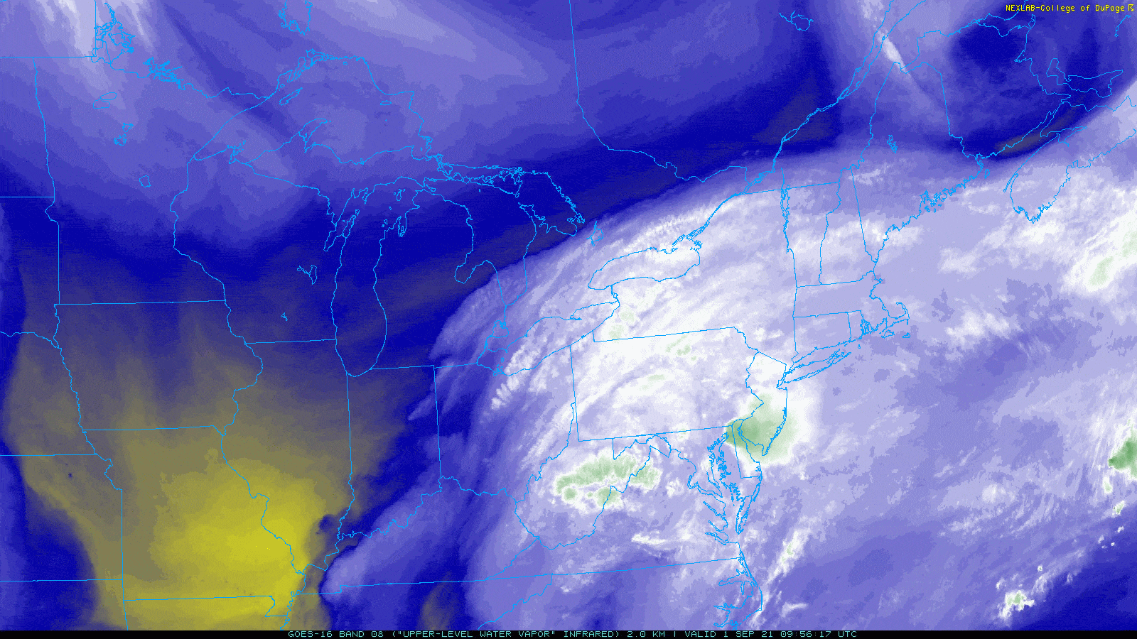 The water vapor loop Wednesday morning shows high moisture in white and green heading for New England. (Courtesy COD Weather)