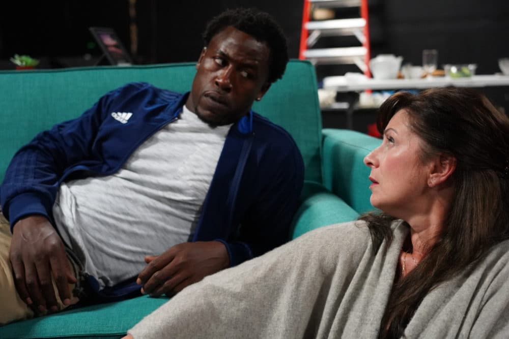 Jason Bowen (left) and Angela Pierce in rehearsals for Gloucester Stage Company's &quot;Reparations.&quot; (Courtesy Gloucester Stage Company)