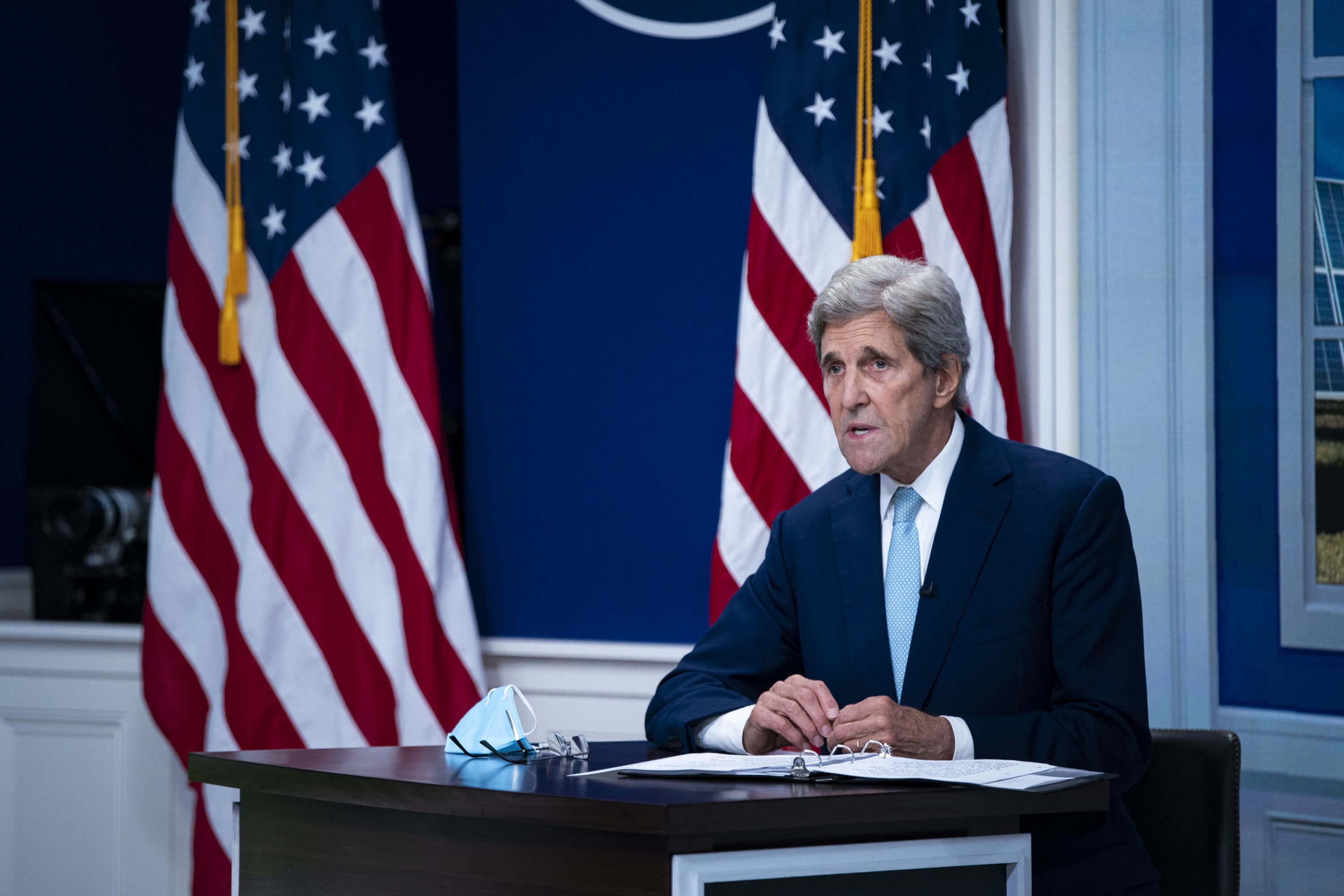 United States Special Presidential Envoy for Climate John Kerry speaks during a conference call on climate change with the Major Economies Forum on Energy and Climate, in the South Court Auditorium in the Eisenhower Executive Office Building on September 17, 2021 in Washington, DC. (Al Drago/Getty Images)