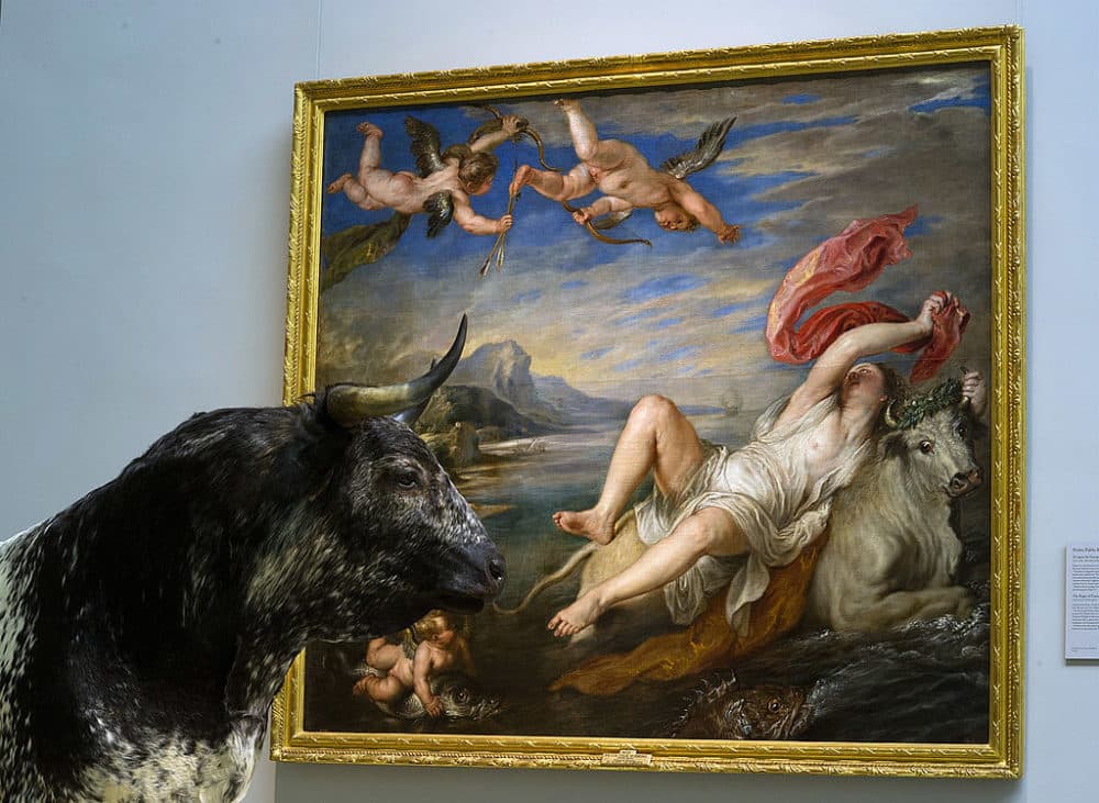 A stuffed bull stands beside Peter Paul Rubens' 'The Rape of Europa' painting at the Prado museum on November 19, 2013 in Madrid, Spain. (Denis Doyle/Getty Images)
