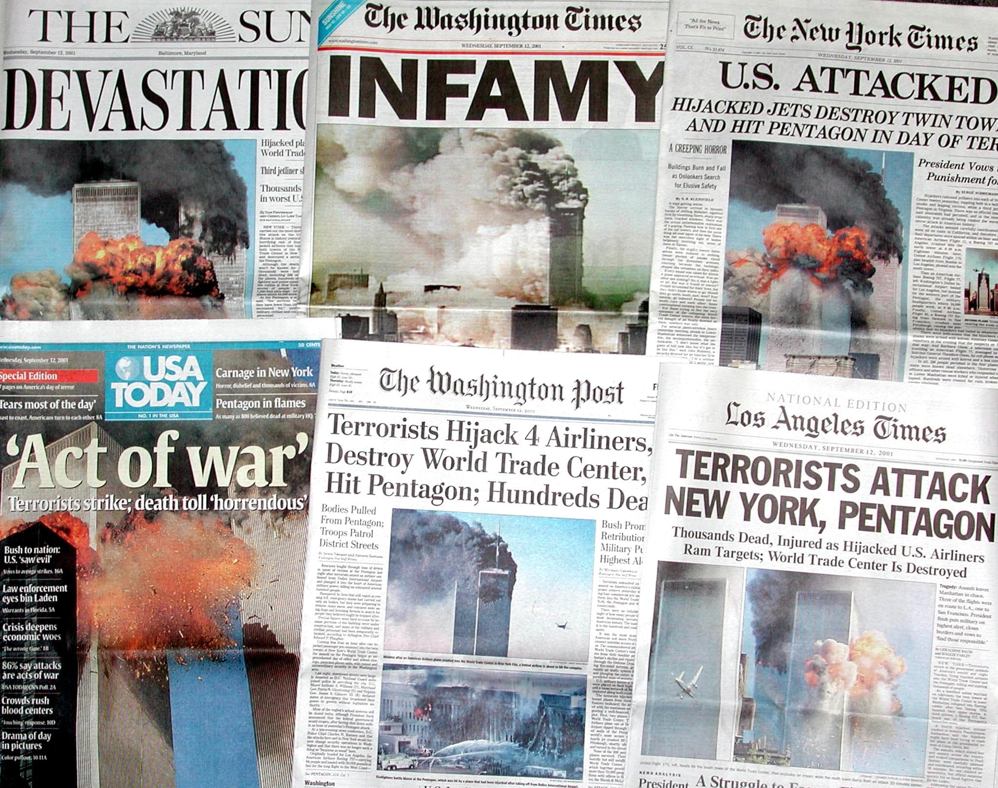 U.S. newspapers published on September 12, 2001. (AFP via Getty Images)