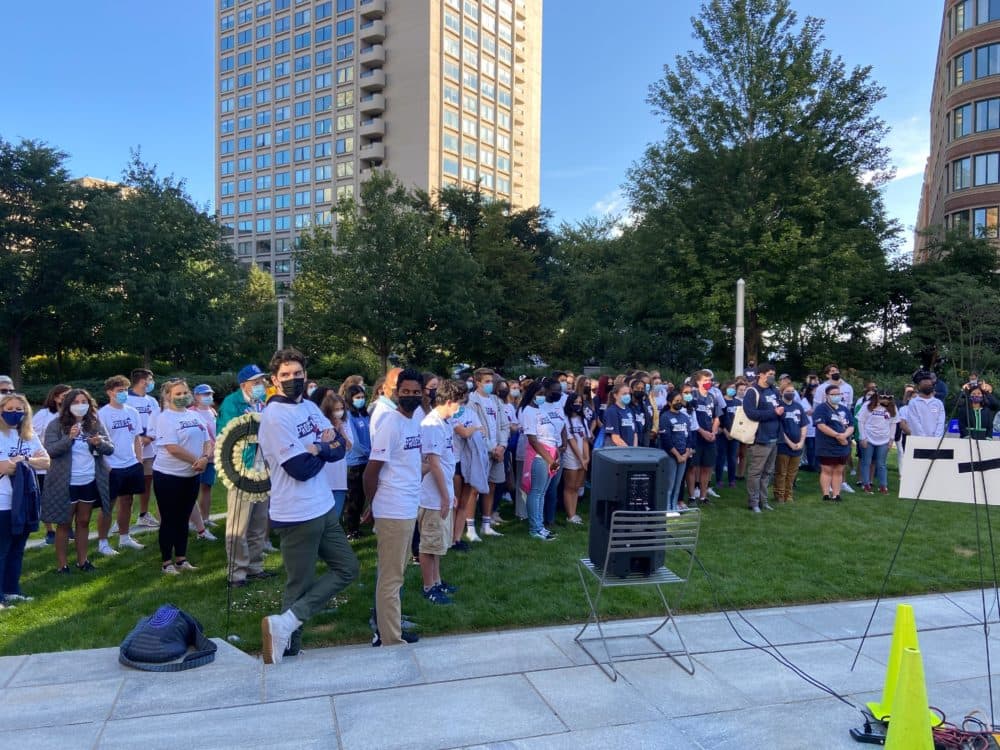 About 130 people born years after 9/11 came to the Rose Kennedy Greenway on Sept. 11, 2021 to assemble care packages. (Quincy Walter/WBUR)