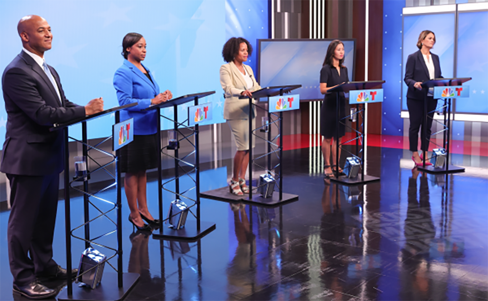 The mayoral field in debate mode on Sept. 8, 2021. From left: John Barros, Andrea Campbell, Kim Janey, Michelle Wu and Annissa Essaibi George. (Mark Garfinkle/NBC10 Boston via Dorchester Reporter)