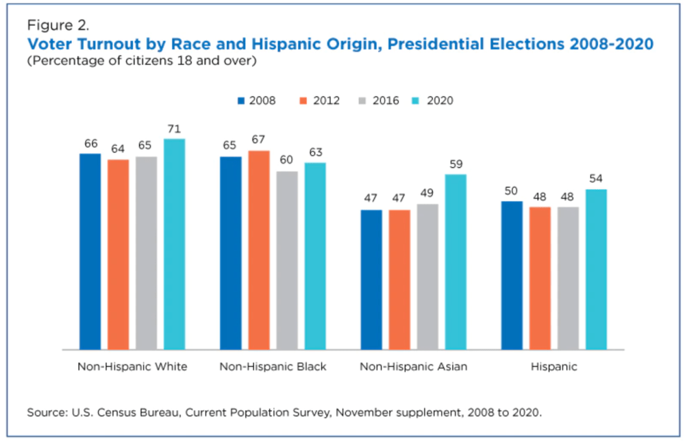 Census figures show voter turnout increased more among Asians than other groups in 2020. (Courtesy U.S. Census Bureau)