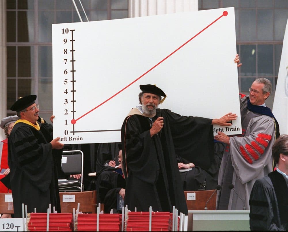 Ray, left, and Tom Magliozzi, center, hosts of NPR's &quot;Car Talk,&quot; get some assistance from then-MIT President Dr. Charles Vest, right, while explaining their theory of happiness during commencement exercises at MIT on June 4, 1999. The Magliozzi brothers are alumni of the university. (Pam Berry/The Boston Globe via Getty Images)