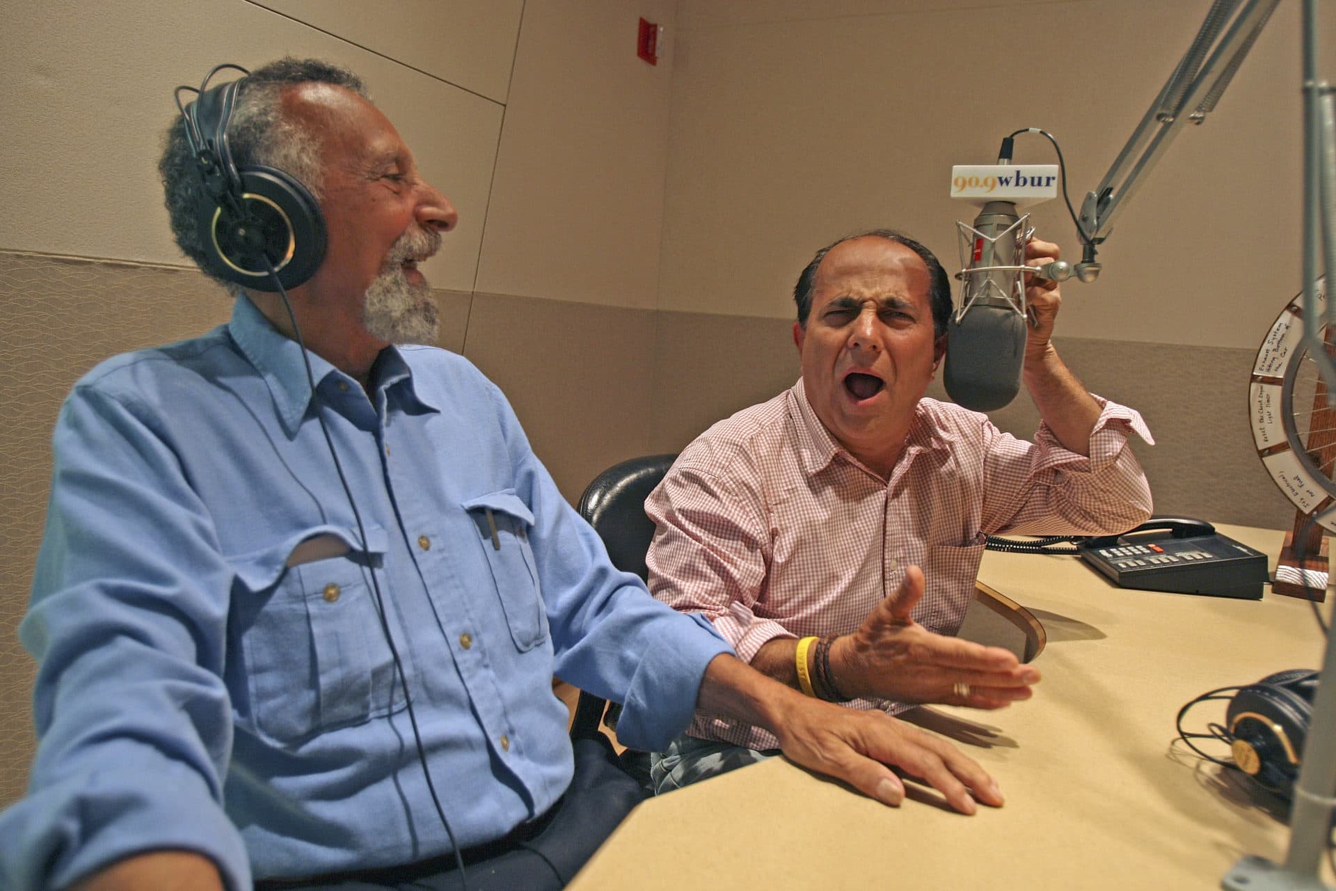 Tom and Ray Magliozzi inside WBUR's studios. (Suzanne Kreiter/The Boston Globe via Getty Images)