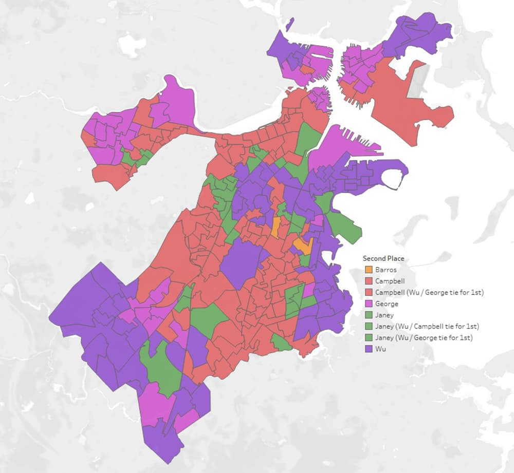 This map shows the second place finisher for each precinct in Tuesday's election. (Courtesy MassINC Polling Group)